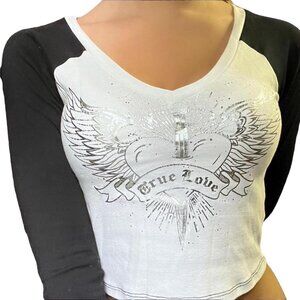 Garage Women's White and Black True Love Graphic Grunge Crop-top